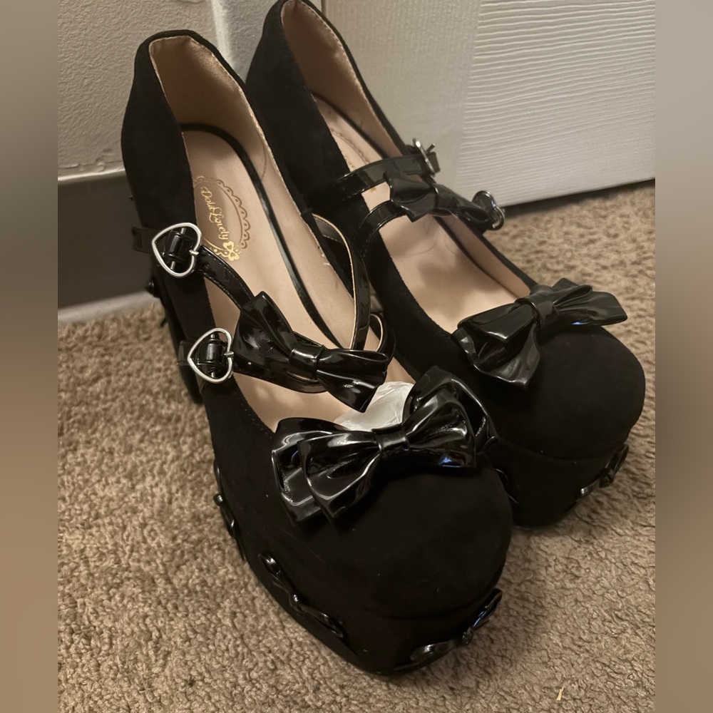 Dolls Kill Black Platform Shoes with Bow Accents - Picture 2 of 5